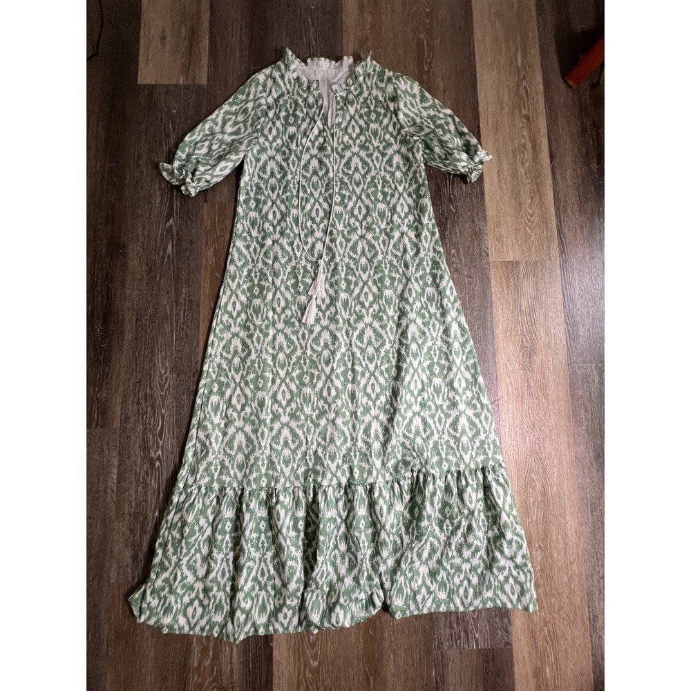 Ikat Maxi Dress Womens XL Green‎ White Tassel Tie Puff Sleeve Ruffle Hem
